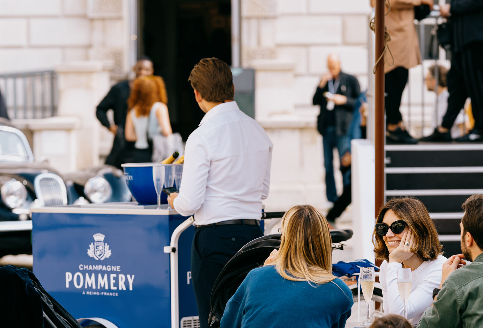 Champagne Pommery pop-up trike at Photo London 2024